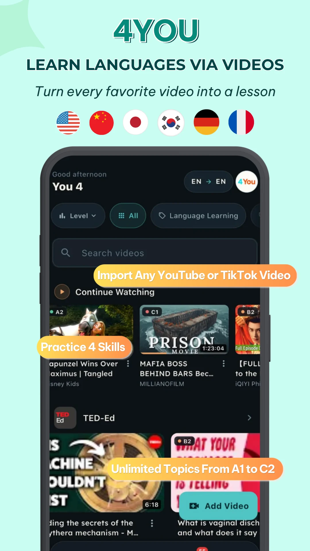 4You: Learn language via video screenshot