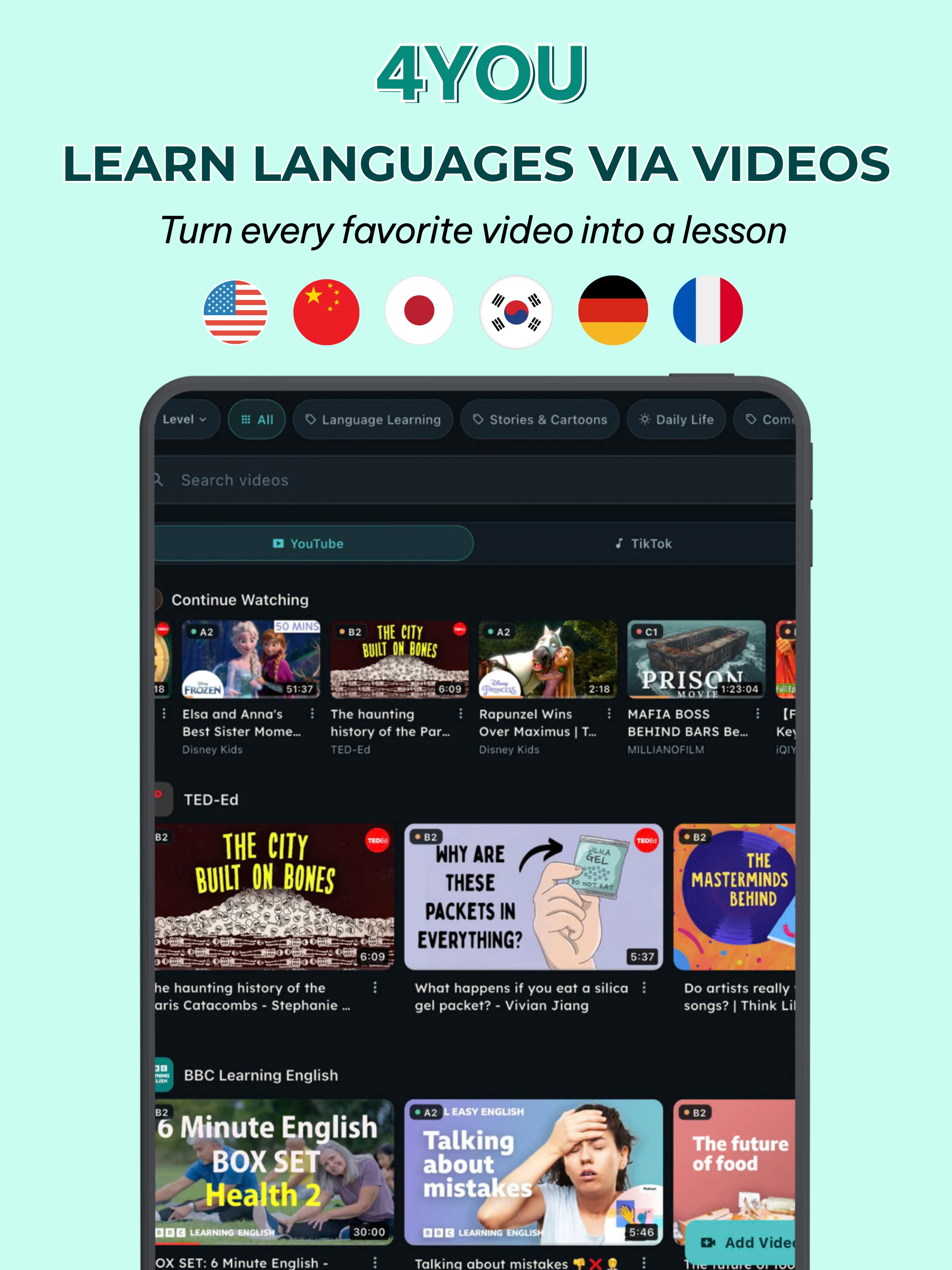 4You: Learn language via video screenshot